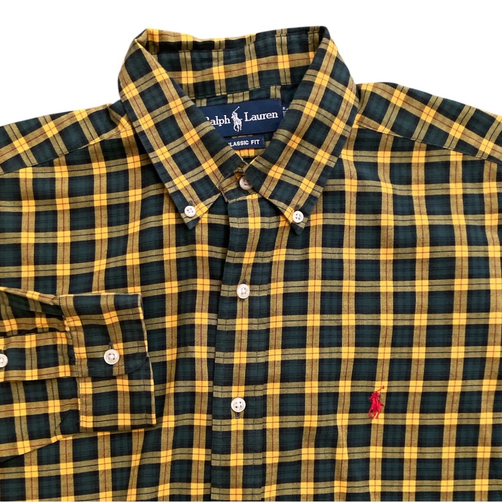 Ralph Lauren Mens Large Green Plaid Long Sleeve Button Down Shirt‎ Yellow Check